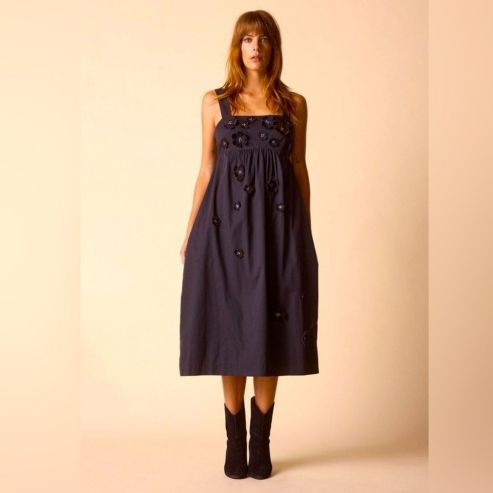 ST. ROCHE Pom Black Empire Waist Flower Applique Sleeveless Party Midi Dress 2